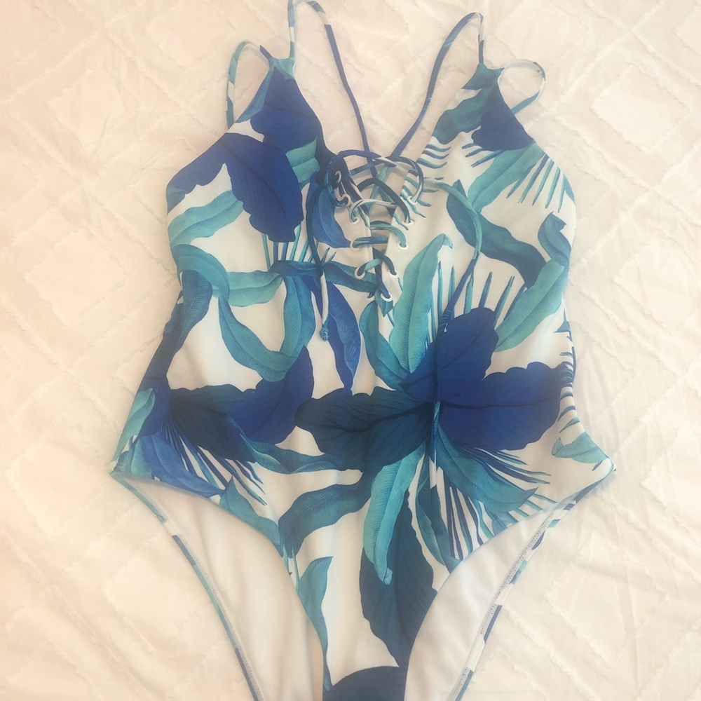 LA Hearts Tropical Blue One Piece Bathing Suit